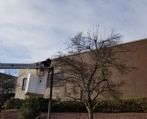 This is a photo of our electricians performing bucket truck service in Newtown, Connecticut.